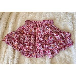 Poupette St Barth Mini Skirt Women S/M Pink Floral Tiered Boho Ruffle